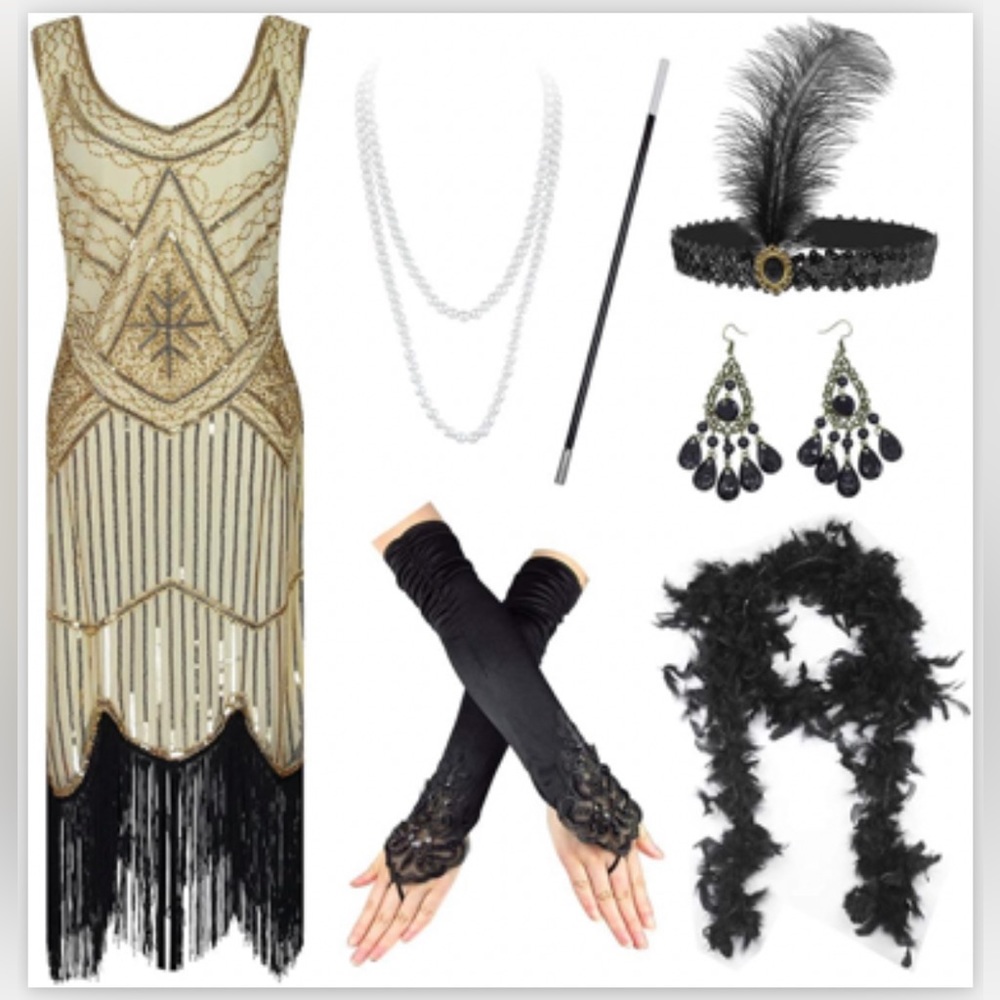 New FUNDAISY 1920s Flapper Roaring Great Gatsby Costume Dress & Accessories Set